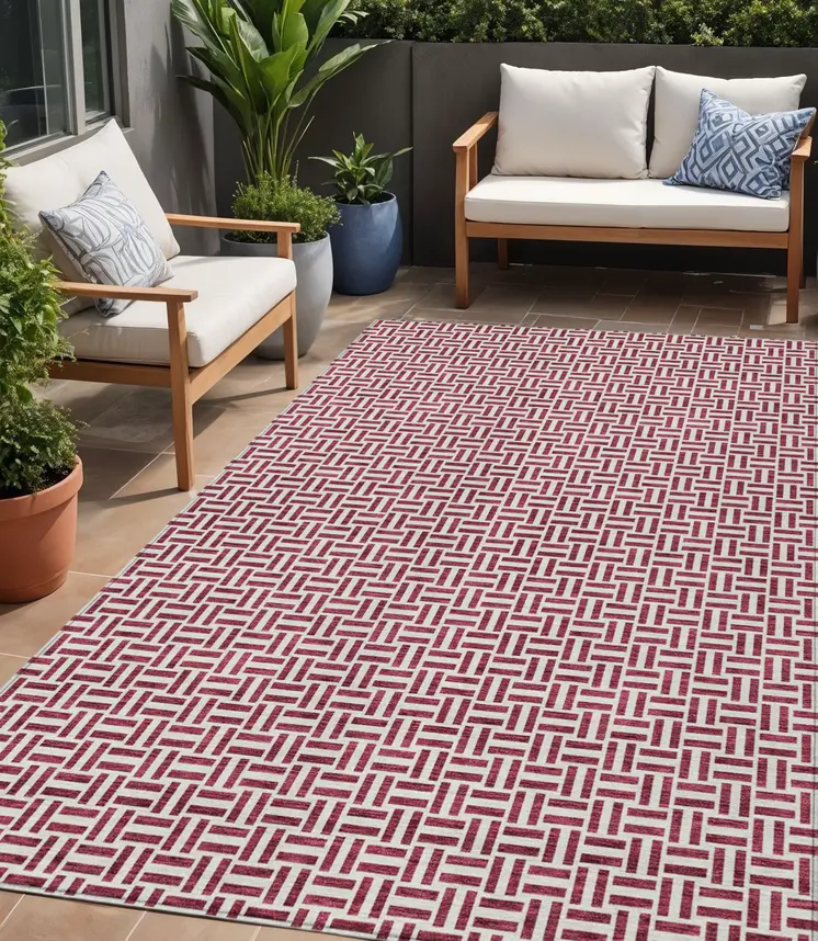 5' X 8' Burgundy And Ivory Geometric Washable Indoor Outdoor Area Rug