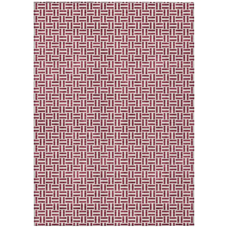 5' X 8' Burgundy And Ivory Geometric Washable Indoor Outdoor Area Rug