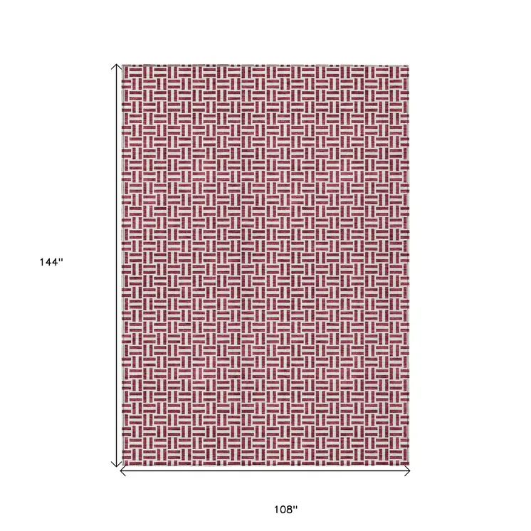9' X 12' Burgundy And Ivory Geometric Washable Indoor Outdoor Area Rug
