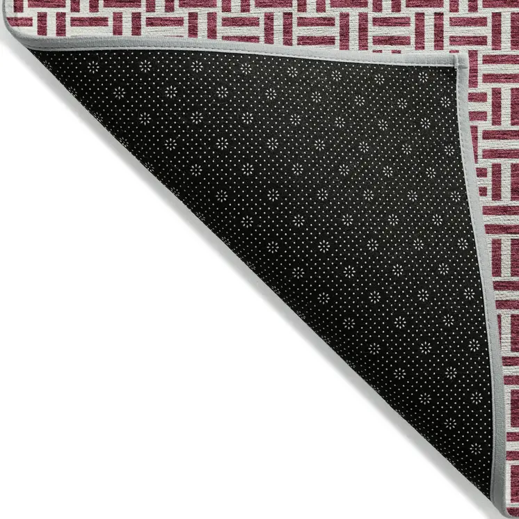 9' X 12' Burgundy And Ivory Geometric Washable Indoor Outdoor Area Rug