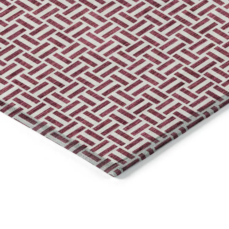 9' X 12' Burgundy And Ivory Geometric Washable Indoor Outdoor Area Rug
