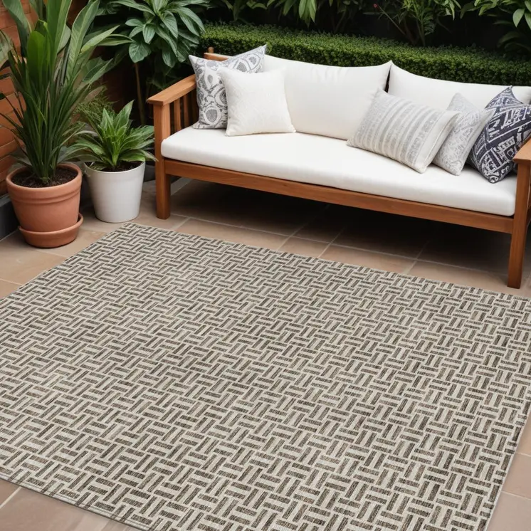 8' X 10' Brown And Beige Geometric Washable Indoor Outdoor Area Rug