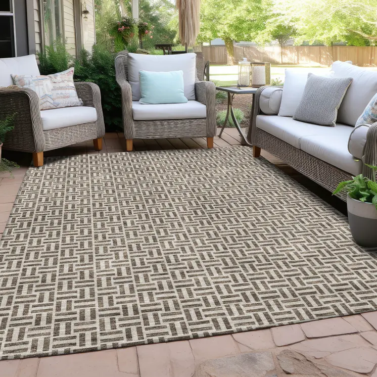 10' X 14' Brown And Beige Geometric Washable Indoor Outdoor Area Rug