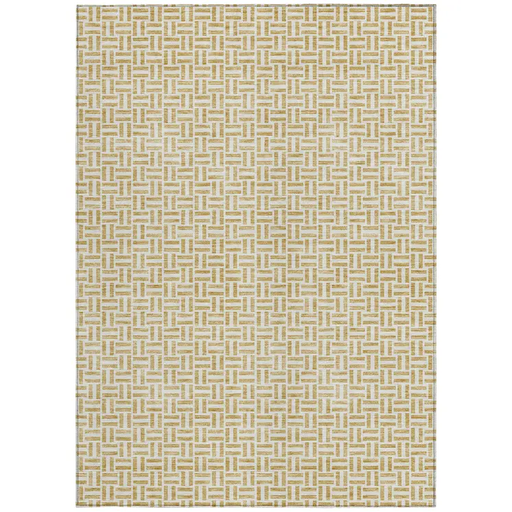 3' X 5' Gold And Ivory Geometric Washable Indoor Outdoor Area Rug