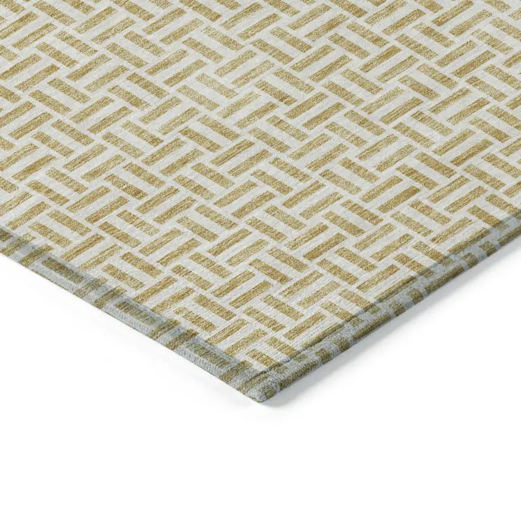 3' X 5' Gold And Ivory Geometric Washable Indoor Outdoor Area Rug