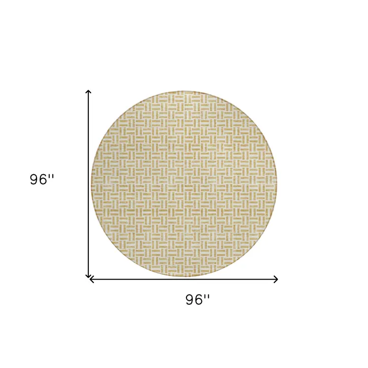 8' Gold And Ivory Round Geometric Washable Indoor Outdoor Area Rug