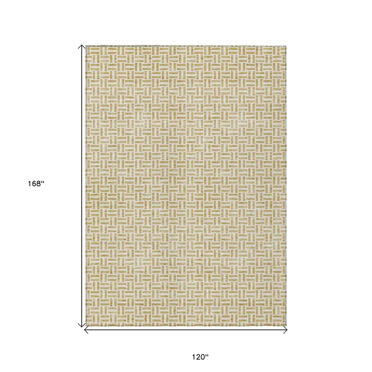 10' X 14' Gold And Ivory Geometric Washable Indoor Outdoor Area Rug