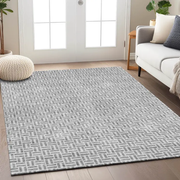 5' X 8' Gray And Silver Geometric Washable Indoor Outdoor Area Rug