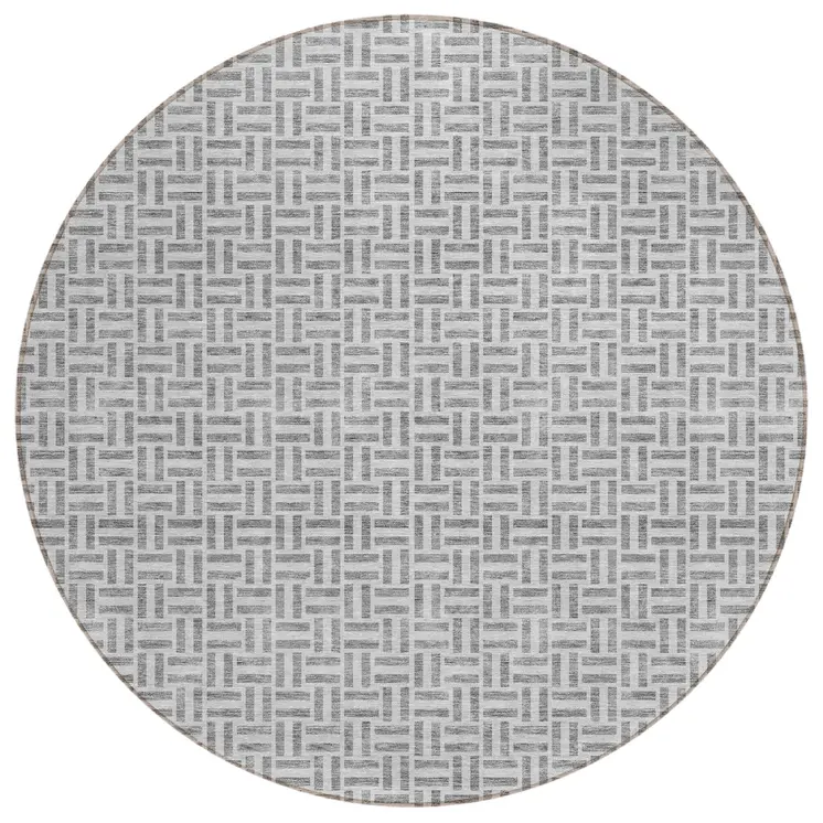 8' Gray And Silver Round Geometric Washable Indoor Outdoor Area Rug