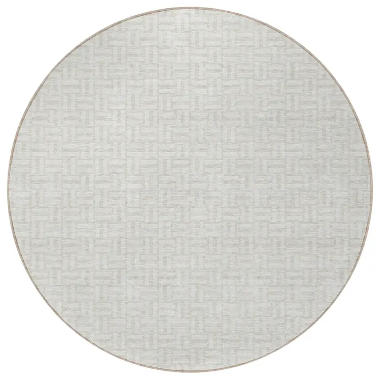 8' Ivory And Silver Round Geometric Washable Indoor Outdoor Area Rug