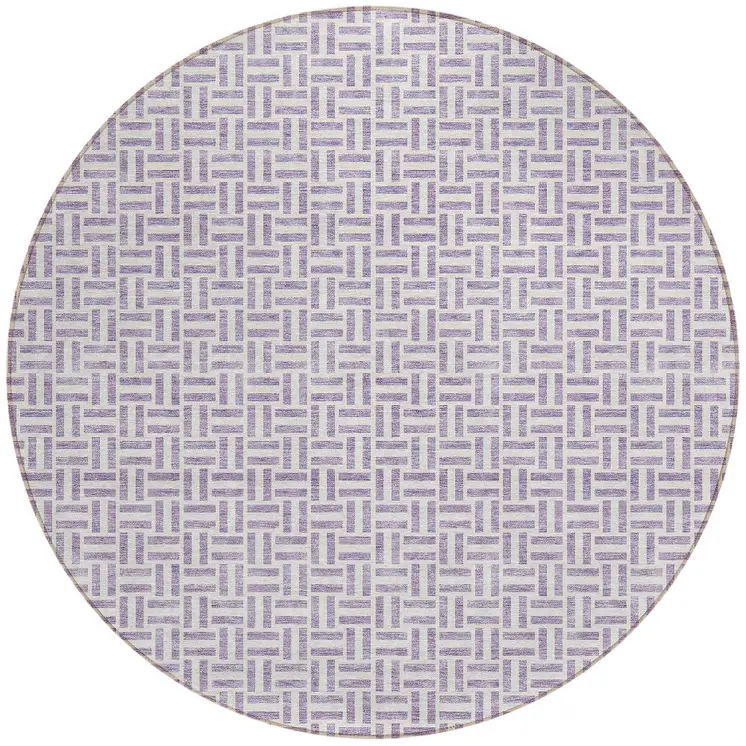 8' Lavender And Silver Round Geometric Washable Indoor Outdoor Area Rug