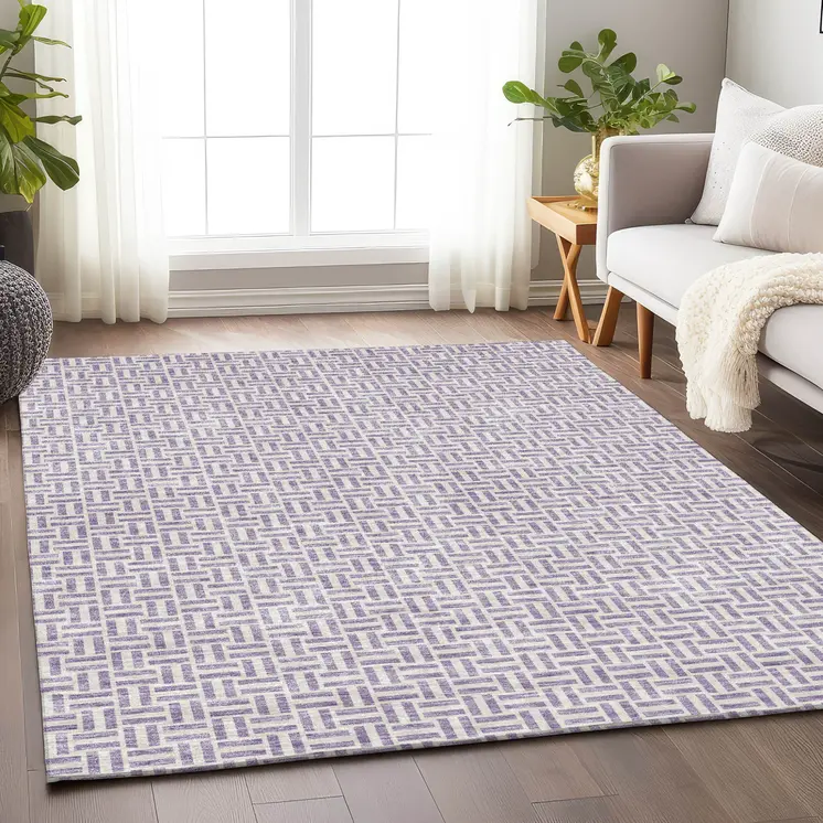 8' X 10' Lavender And Silver Geometric Washable Indoor Outdoor Area Rug