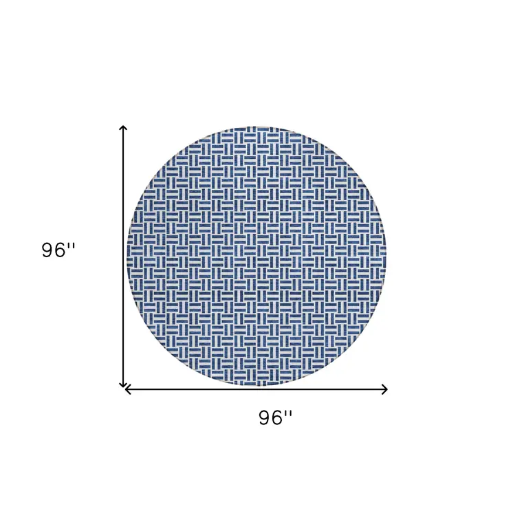 8' Navy Blue And Gray Round Geometric Washable Indoor Outdoor Area Rug