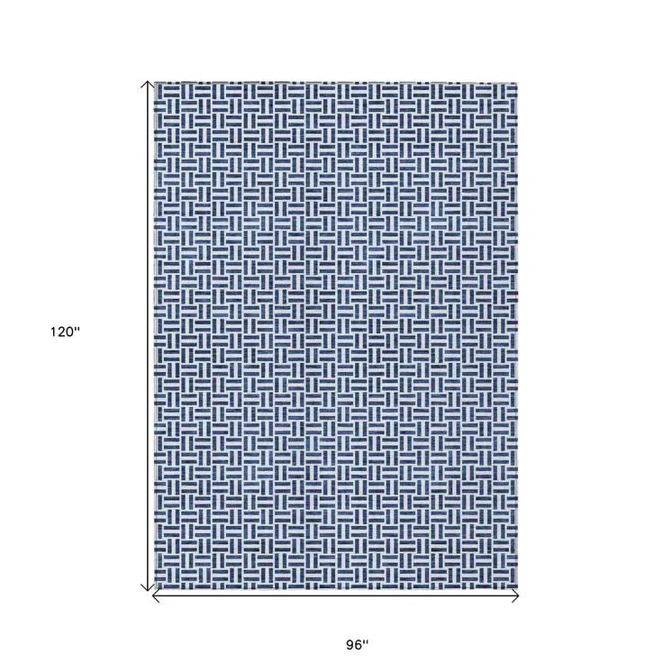8' X 10' Navy Blue And Gray Geometric Washable Indoor Outdoor Area Rug