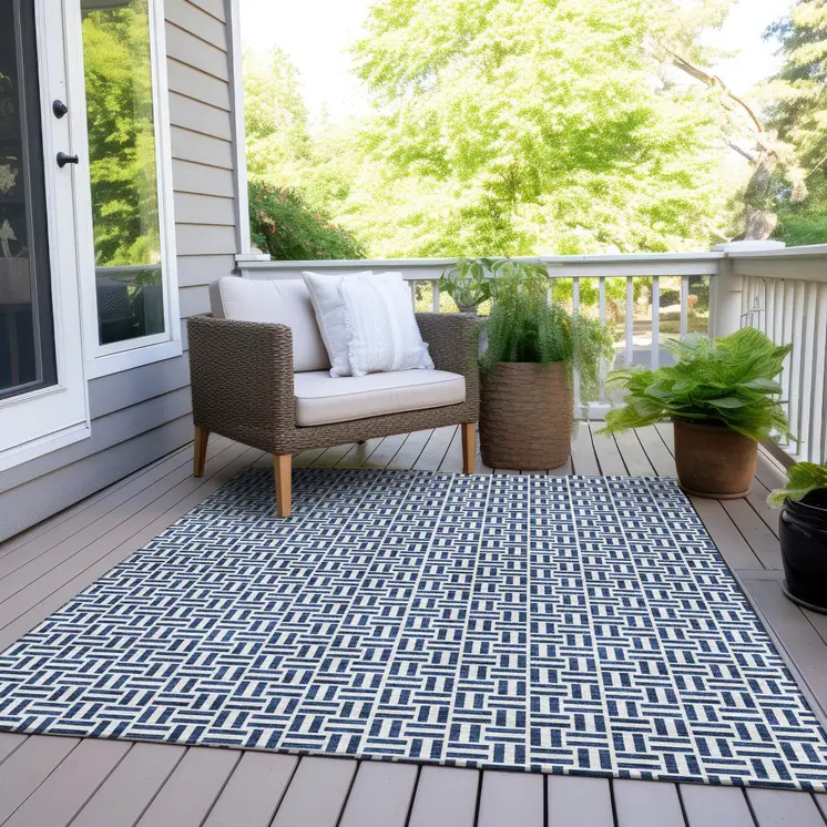 8' X 10' Navy Blue And Gray Geometric Washable Indoor Outdoor Area Rug