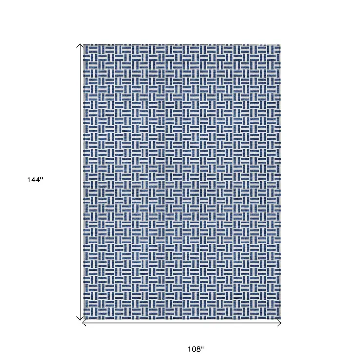 9' X 12' Navy Blue And Gray Geometric Washable Indoor Outdoor Area Rug