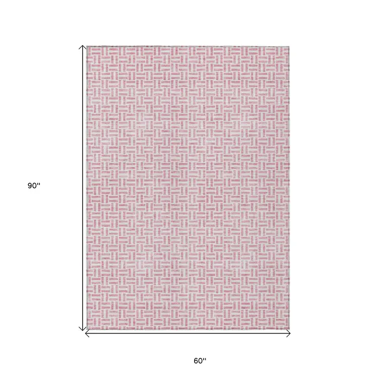 5' X 8' Pink And Silver Geometric Washable Indoor Outdoor Area Rug