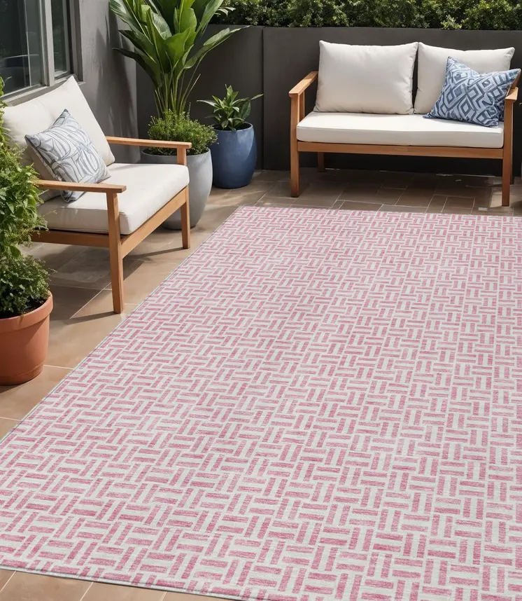 5' X 8' Pink And Silver Geometric Washable Indoor Outdoor Area Rug