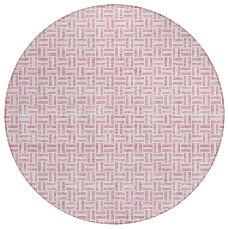 8' Pink And Silver Round Geometric Washable Indoor Outdoor Area Rug