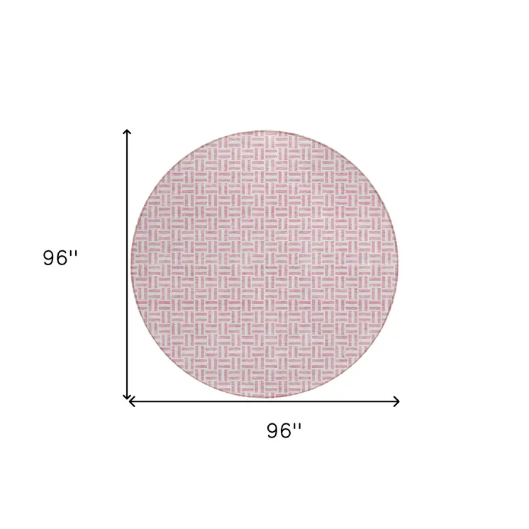 8' Pink And Silver Round Geometric Washable Indoor Outdoor Area Rug