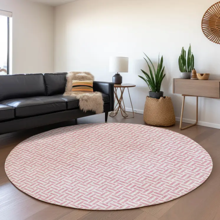 8' Pink And Silver Round Geometric Washable Indoor Outdoor Area Rug