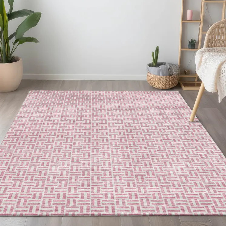 10' X 14' Pink And Silver Geometric Washable Indoor Outdoor Area Rug