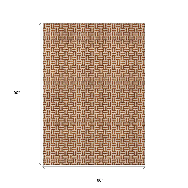 5' X 8' Copper And Beige Geometric Washable Indoor Outdoor Area Rug
