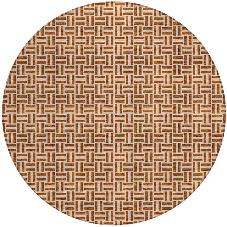 8' Copper And Beige Round Geometric Washable Indoor Outdoor Area Rug