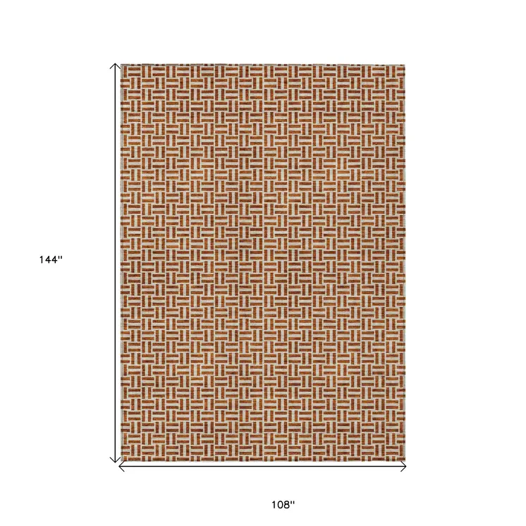 9' X 12' Copper And Beige Geometric Washable Indoor Outdoor Area Rug