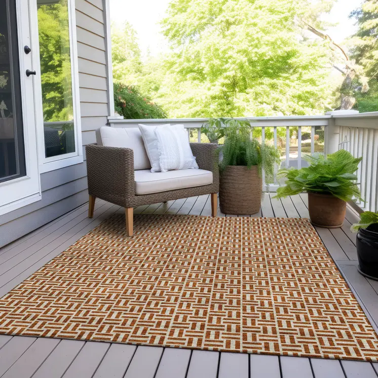 10' X 14' Copper And Beige Geometric Washable Indoor Outdoor Area Rug