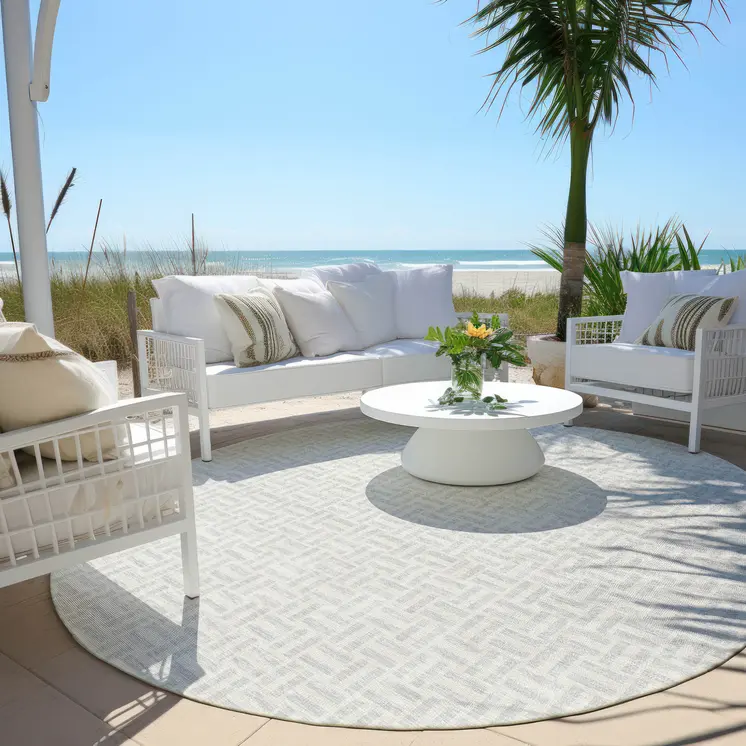 8' Silver And Gray Round Geometric Washable Indoor Outdoor Area Rug
