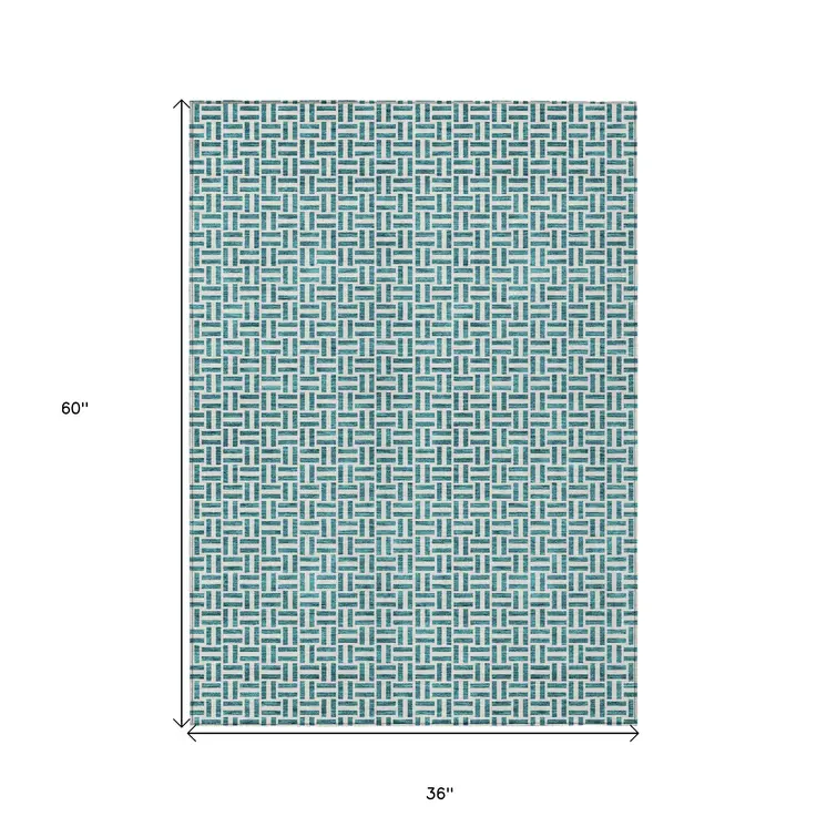 3' X 5' Teal Blue And Silver Geometric Washable Indoor Outdoor Area Rug