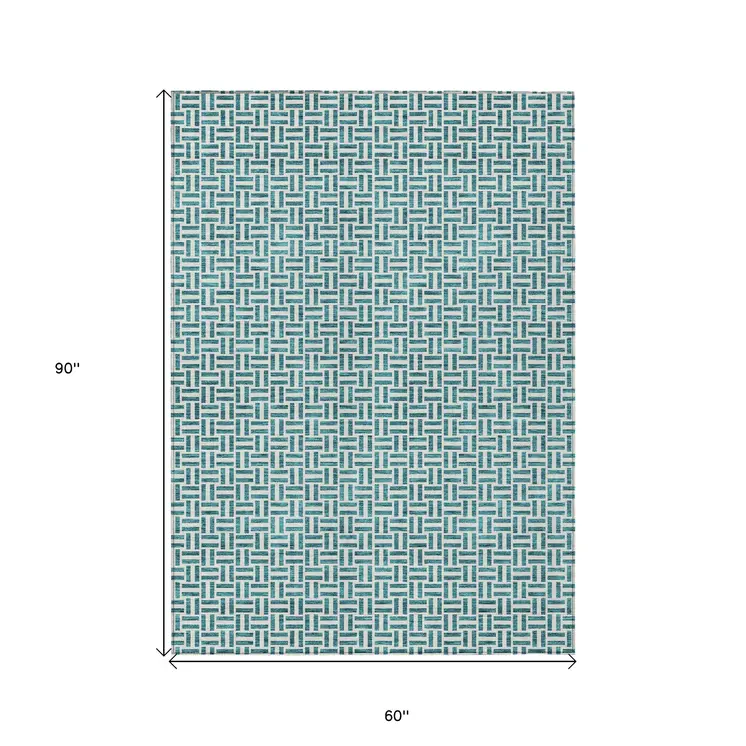 5' X 8' Teal Blue And Silver Geometric Washable Indoor Outdoor Area Rug