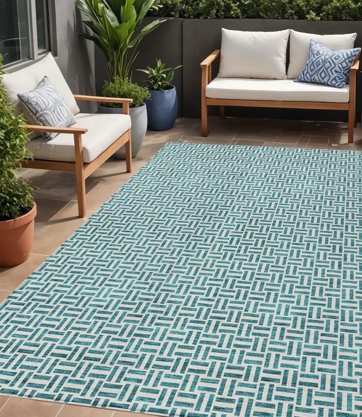5' X 8' Teal Blue And Silver Geometric Washable Indoor Outdoor Area Rug