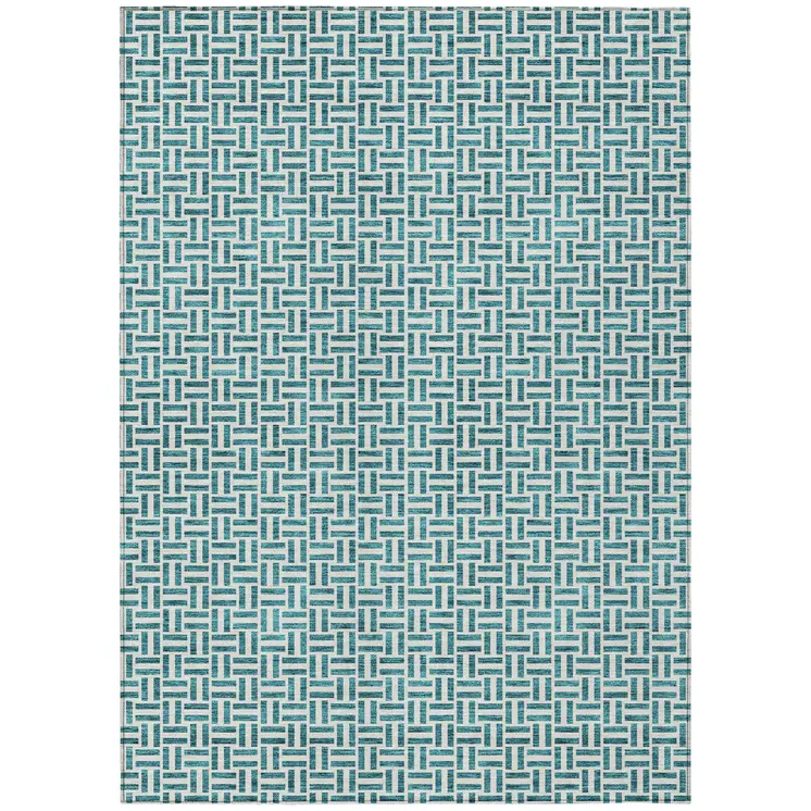 5' X 8' Teal Blue And Silver Geometric Washable Indoor Outdoor Area Rug
