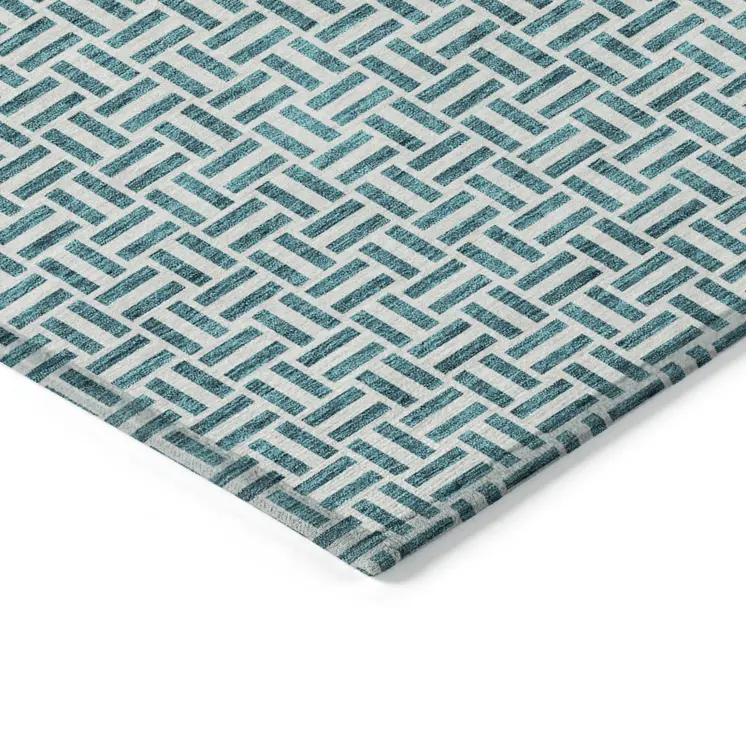 5' X 8' Teal Blue And Silver Geometric Washable Indoor Outdoor Area Rug