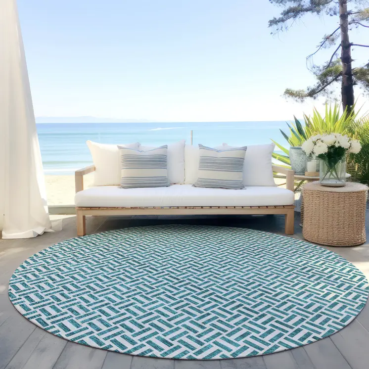 8' Teal Blue And Silver Round Geometric Washable Indoor Outdoor Area Rug
