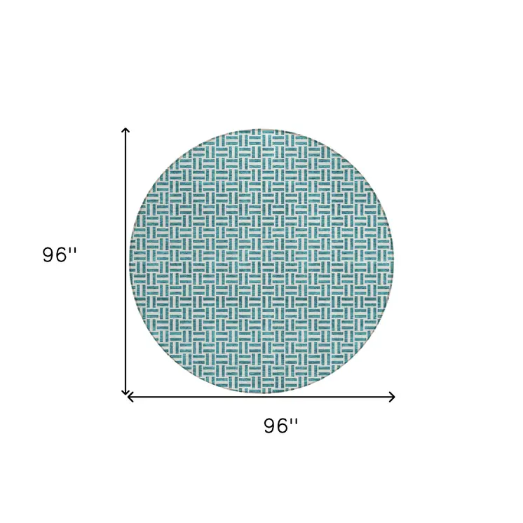 8' Teal Blue And Silver Round Geometric Washable Indoor Outdoor Area Rug