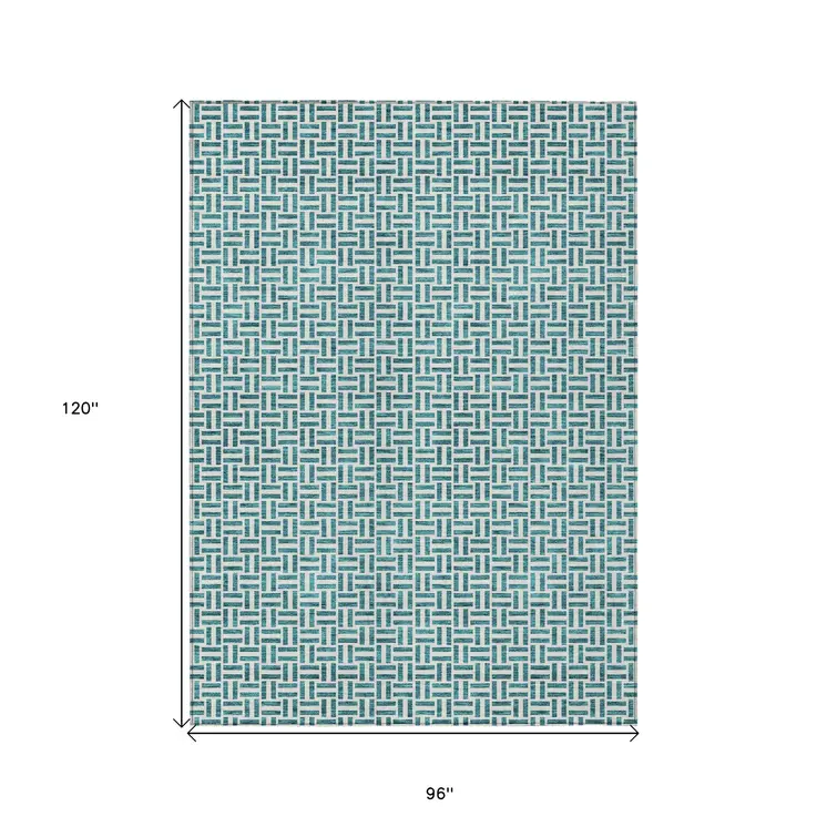 8' X 10' Teal Blue And Silver Geometric Washable Indoor Outdoor Area Rug