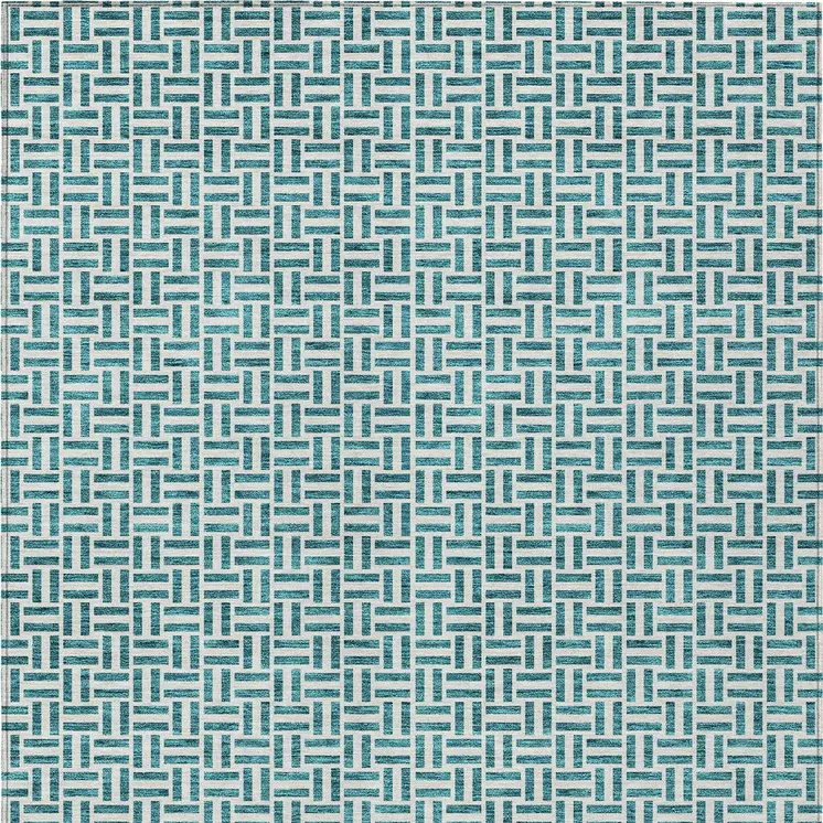 10' X 14' Teal Blue And Silver Geometric Washable Indoor Outdoor Area Rug