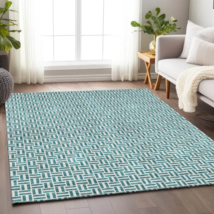 10' X 14' Teal Blue And Silver Geometric Washable Indoor Outdoor Area Rug
