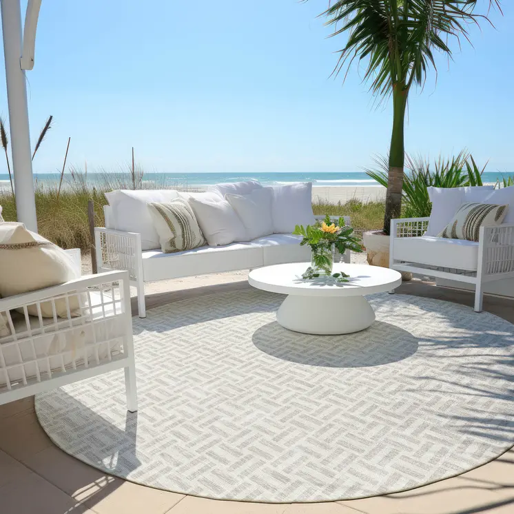 8' Taupe And Silver Round Geometric Washable Indoor Outdoor Area Rug
