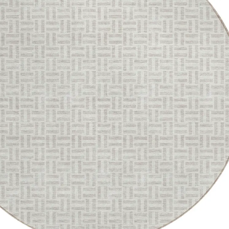 8' Taupe And Silver Round Geometric Washable Indoor Outdoor Area Rug