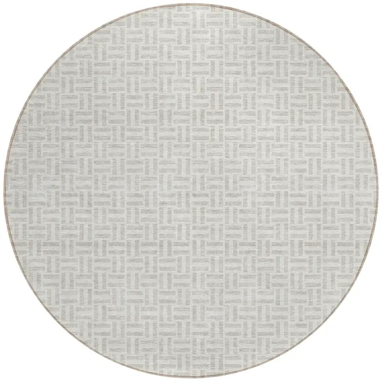 8' Taupe And Silver Round Geometric Washable Indoor Outdoor Area Rug