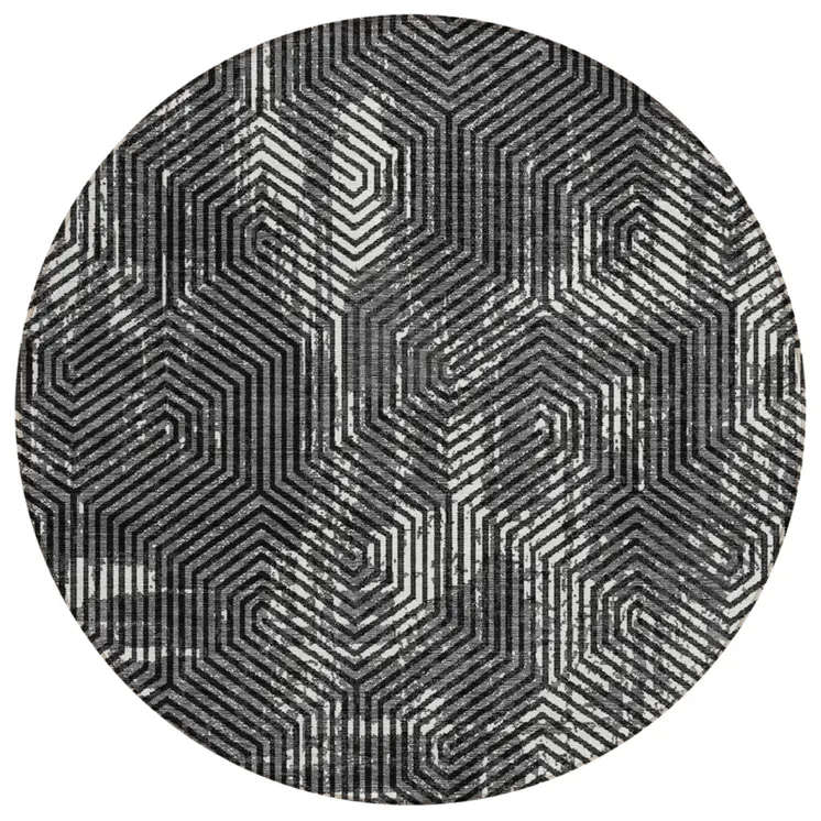 8' Black And Ivory Round Geometric Washable Indoor Outdoor Area Rug