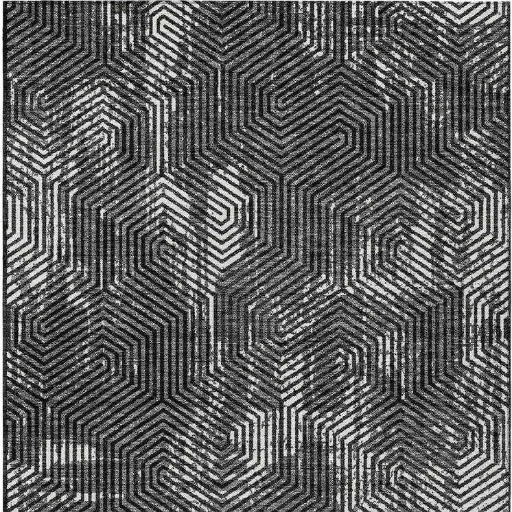 9' X 12' Black And Ivory Geometric Washable Indoor Outdoor Area Rug