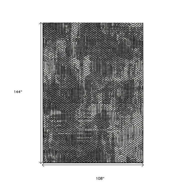 9' X 12' Black And Ivory Geometric Washable Indoor Outdoor Area Rug