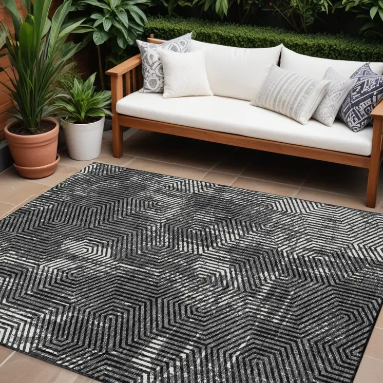 9' X 12' Black And Ivory Geometric Washable Indoor Outdoor Area Rug