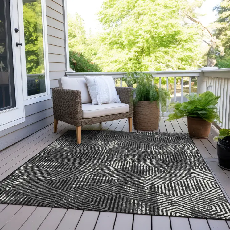 9' X 12' Black And Ivory Geometric Washable Indoor Outdoor Area Rug