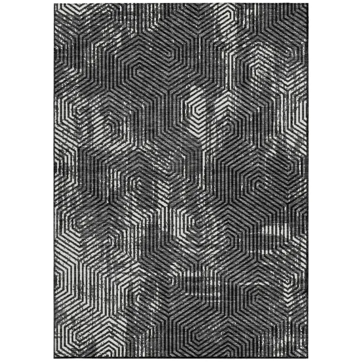 10' X 14' Black And Ivory Geometric Washable Indoor Outdoor Area Rug